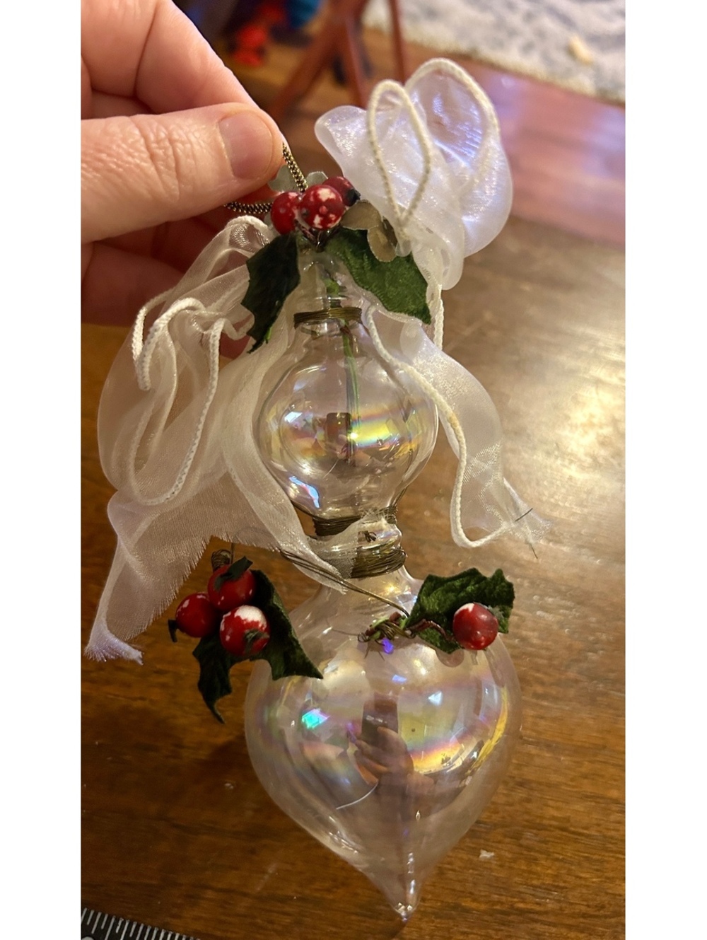 Vintage Iridescent Glass Christmas Ornament with White Ribbon and Holly Berries